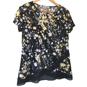 Roz & Ali Floral Black and Yellow Women Blouse Size S